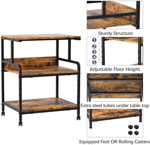 Arbuxzuy Large Printer Stand with Storage Shelf, 23.6" W x 18.9" D Printer Cart with Wheels, 3 Tier Mobile Printer Table for Home Office,Stands for Heat Press Scanner Fax (Brown) - Image 3