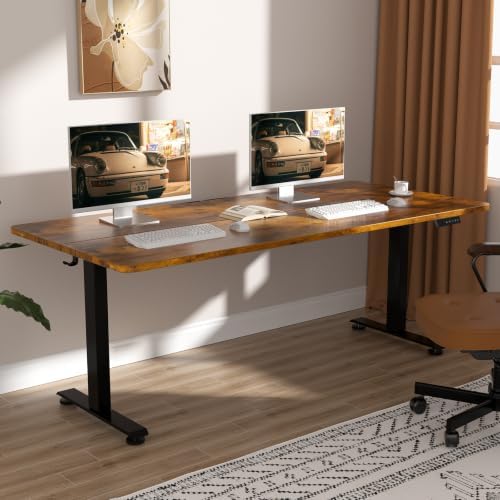 Veken 63×27.6 Inch Large Electric Standing Desk, Gaming Table, Brown by Veken