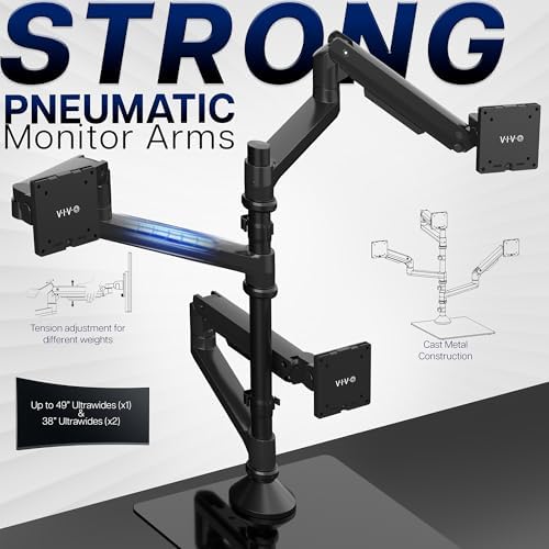 VIVO Pneumatic Arm Triple Ultrawide Monitor Desk Stand for Up to 49 inch Screens with Tempered Glass Base, Holds 3 Ultra Wides Up to 33 lbs Each, Black, STAND-V300FG - Image 4