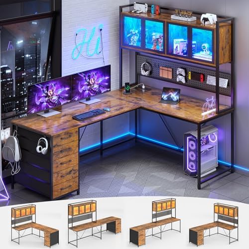 SEDETA L Shaped Gaming Corner Desk with Drawers, Hutch and Storage Shelves by SEDETA