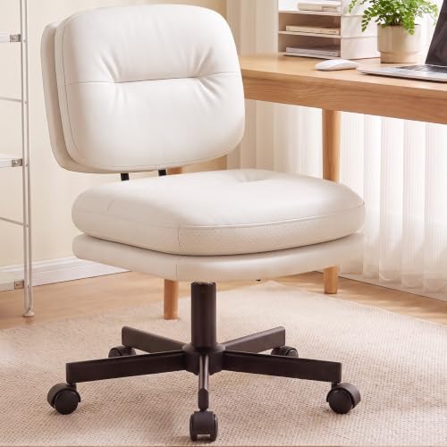 COMHOMA Home Office Desk Chair with Comfy Lumbar Support, Small Vanity Chair with Wheel for Bedroom, Thick Padded & Armless, 19.1"-25.4" Height Adjustable, Soft PU Leather, White by ComHoma
