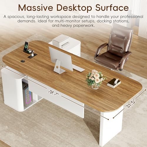 Squireewo 78.7" L Shaped Executive Desk with Drawers, Large Office Desk w/Power Outlets, Storage Cabinet & File Drawers, 1.8" Thick Tabletop, Modern Business Furniture for Home Office, White & Walnut - Image 3