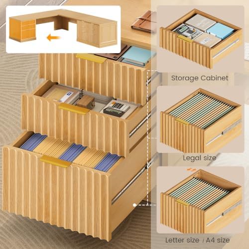 SEDETA Fluted 78.8" L Shaped Executive Desk with 6 Drawers, Oak - Image 5