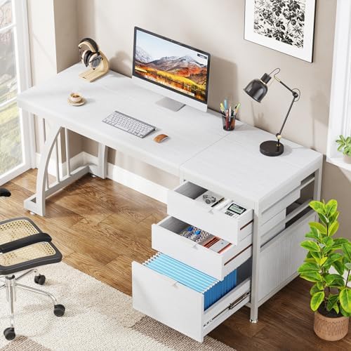 Tribesigns Computer Desk with 3 Drawers, 59-Inch PC Desk with Reversible Drawers, Industrial Study Writing Table Workstation with File Storage for Home Office, White - Image 4