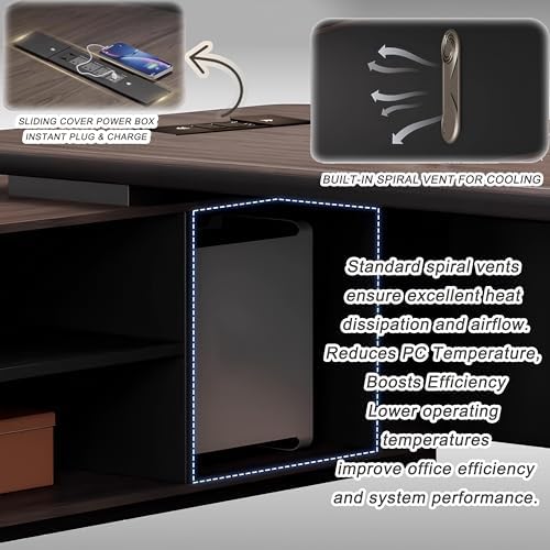Modern L-Shaped Executive Desk with Drawers, Wooden Office Desk with Hidden Power Outlet, Digital Combination Lock, Aluminum Inlaid Desktop for Home & Professional Office - Image 5