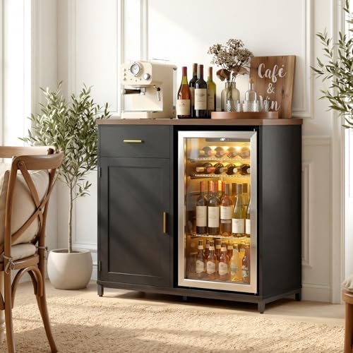 Unikito Coffee Bar Cabinet with Mini Fridge Space & Power Outlet, Black - Image 4