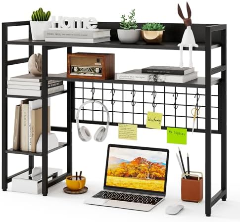 GOFLAME Desktop Bookshelf, 37 Inch Desk Shelf for Computer Monitor, 4-Tier Desk Hutch with Grid Panel 6 Hooks Set, Industrial Countertop Storage Organizer Shelf for Home Office, Dorm (Black) by GOFLAME