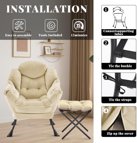 Lazy Chair with Ottoman, Comfy Reading Chair, Khaki - Image 6