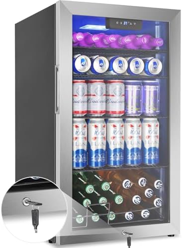 Beverage Refrigerator Mini Fridge 128can Stainless Glass Door Lock Home by Velieta-SpecialistinFridge