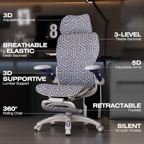 ELABEST X100 Ergonomic Mesh Office Chair with Footrest, Big and Tall Home Desk Chair with 5D Flip-Up Arms, Adjustable 3D Lumbar Support, Gaming & Executive Computer Chair (Cybernetic Pulse) - Image 3