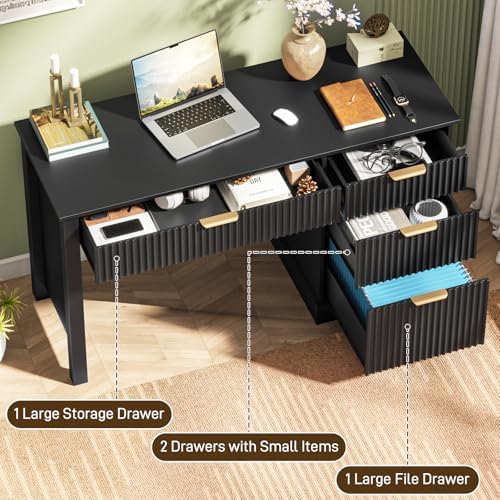 Vabches Fluted Executive Desk with Drawers, Wood Computer Desk with Ample File Drawer, Home Office Desk with Storage for Study, Bedroom, Living Room, Black - Image 3
