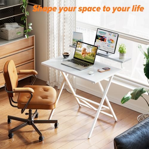 WOHOMO Folding Computer Desk with Monitor Stand, Adjustable Height, White - Image 3