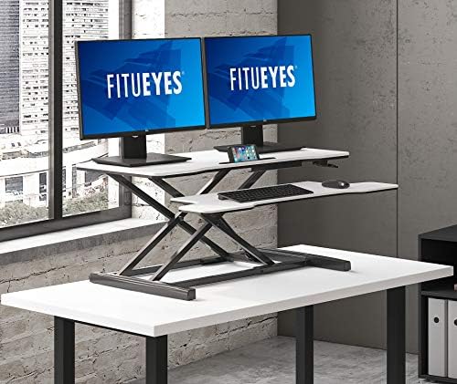FITUEYES Height Adjustable Standing Desk 36” Wide Sit to Stand Converter Stand Up Desk Tabletop Workstation for Laptops Dual Monitor Riser White SD309103WW - Image 5