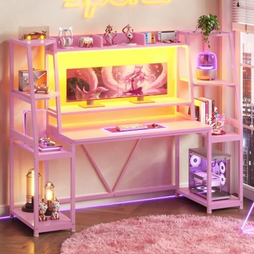 SEDETA 65.7'' Gaming Desk with LED Lights, Hutch and Storage Shelves, Pink - Image 3