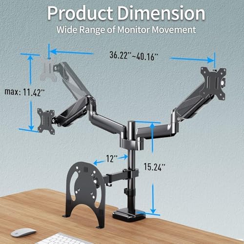 MOUNTUP Dual Monitor and Laptop Mount, Adjustable Monitor Stand for 2 Max 27" Computer Screens, Laptop Tray Fits 10-17inch Notebook, Holds 4.4-17.6lbs Per Arm, 3-in-1 Adjustable Monitor Desk Mount - Image 4