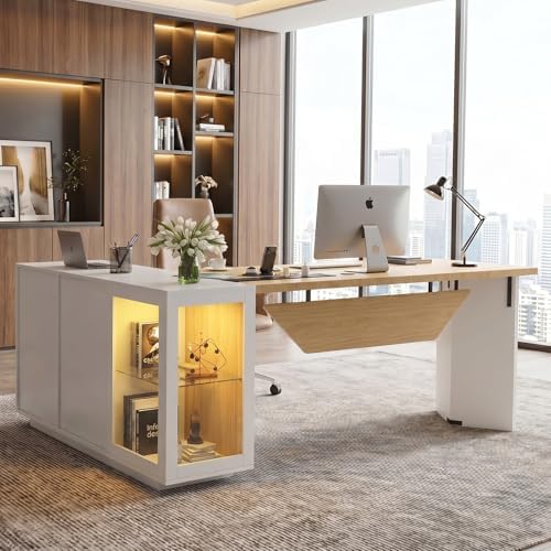 74.4" L-Shaped Executive Desk, Large Office Desk, White + Light Wood by Oakvera