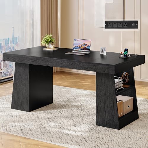 UPOSOJA 55.9 in Executive Desk with Power Outlets, Modern Home Office Desk with Storage Shelves, Wood Computer Desk Business Workstation Desk Conference Table, Black (Storage Shelves) by UPOSOJAWishesYouaNiceDay