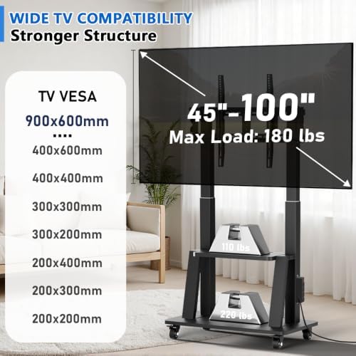 Rolling TV Stand with Power Outlet for 45 to 100 inch TV, - Image 4