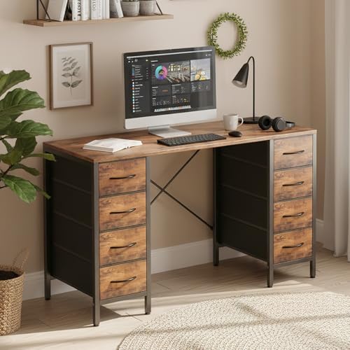 Sweetcrispy 47" Computer Desk with 8 Drawers, Home Office Desks, Brown - Image 2