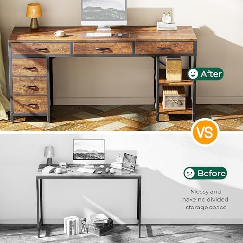 Huuger Computer Desk with 6 Drawers, Office Desk with Shelves, Reversible Gaming Desk, Large Corner Desk with Storage, Work for Home Office, Study, Living Room, 63inch, Rustic Brown - Image 5