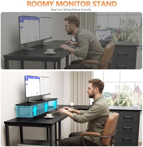 Korfile 66 inch L Shaped Computer Desk with Power Outlets, Black - Image 7