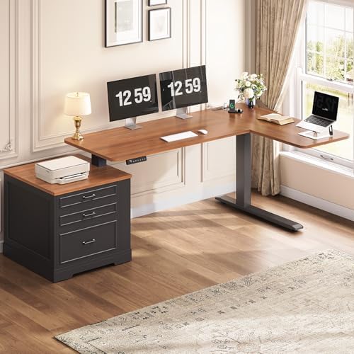 SEDETA Farmhouse L Shaped Electric Standing Desk, 70.9" x 39.4" Height Adjustable Office Executive Desk with 3 Drawers, Standing Computer Desks with Power Outlet for Home Office, Black by SEDETA