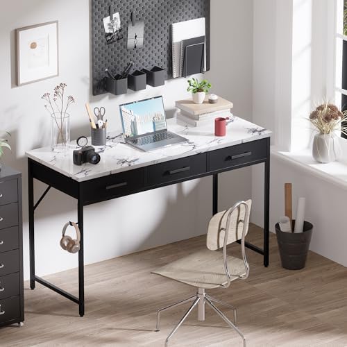 Pamray 47 Inch Small Computer Desk with 3 Drawers for Bedroom Study Writing Home Office Table for Small Spaces Marble - Image 2