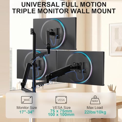 WALI Triple Monitor Wall Mount for 17-34 inch Screens, 22lbs per Arm, Black - Image 2