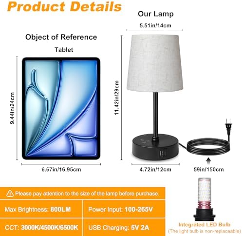 Ascher Small Bedside Table lamp Set of 2, RGB Color Changing Lamps, 3 Color Temperatures, Dimmable Nightstand Lamp with USB C+A Ports, Touch Desk Lamp for Bedroom Living Room, H11.4in(Flaxen Shade) - Image 5