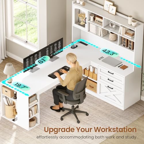 SEDETA Farmhouse 61” L Shaped Office Desk with Drawers, Storage Shelves - Image 5