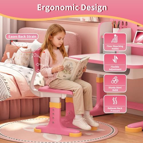 Kids Desk and Chair Set for Ages 3-12 - Height Adjustable Study Desk with Widened Desktop, Storage Drawer & Bookstand, Ergonomic Design, Supports up to 300 lbs - Image 4