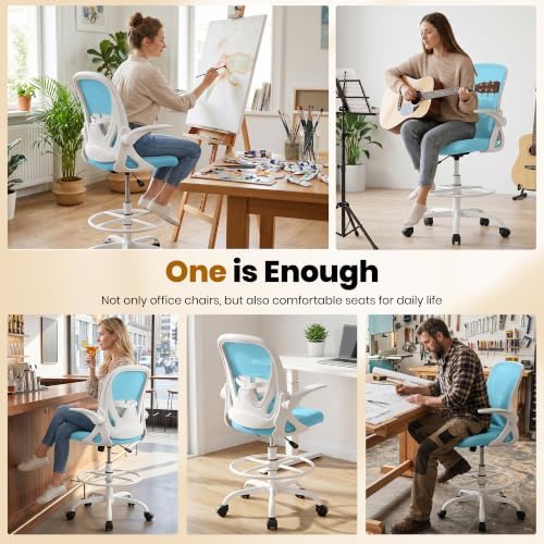 Primy Drafting Chair Tall Office Chair with Flip-up Armrests Executive Ergonomic Computer Standing Desk Chair with Lumbar Support and Adjustable Footrest Ring（Blue） - Image 5