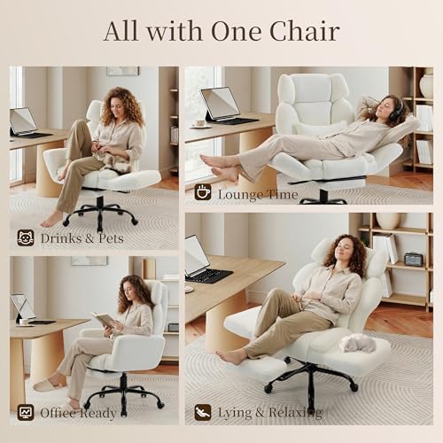 Office Chair with Flip Armrests,Big and Tall Office Chair with Foot Rest,Extra Wide Seat & Lumbar Pillow,Ergonomic Computer Gaming Chair,Comfy Criss Cross Chair for Pets Sitting,Teddy Fleece,White - Image 3