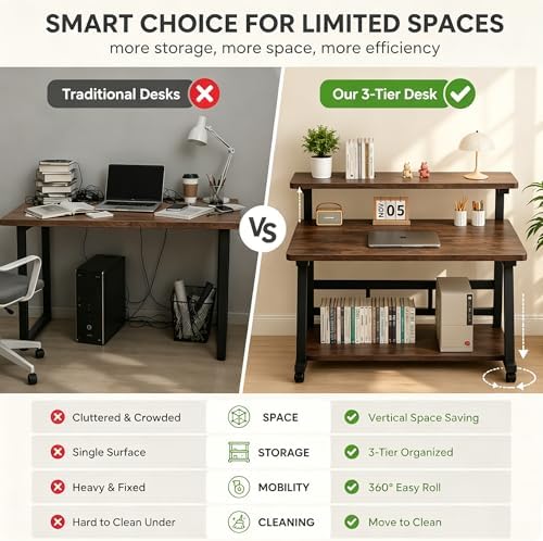 39.4 Inch Compact Rolling Computer Desk with Tier Worktable & Lockable Wheels, Small Computer Desk, Small Desk for Bedroom, Mobile Writing Workstation Easy Assembly for Home Office Small Spaces - Image 4