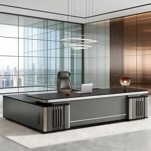 Modern L-Shaped Executive Desk with Drawers, Wooden Office Desk with Hidden Power Outlet, Digital Combination Lock, Aluminum Inlaid Desktop for Home & Professional Office by Unknown