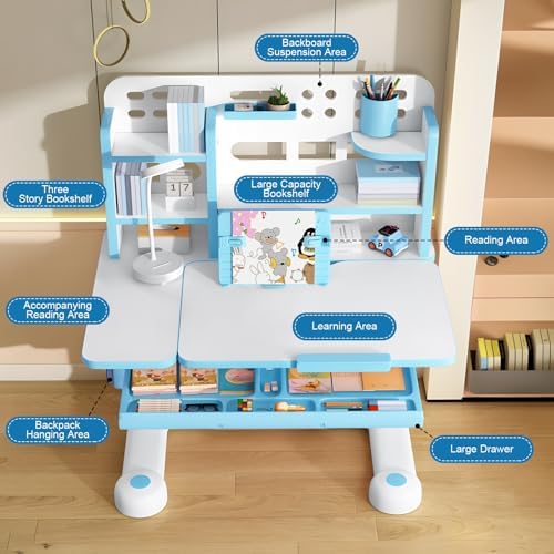 Kids Study Desk and Chair Set, Height Adjustable Children’s Table with Bookshelf & Drawer, 50‑Degree Tiltable Desktop, Ergonomic Chair for Bedroom Blue - Image 3