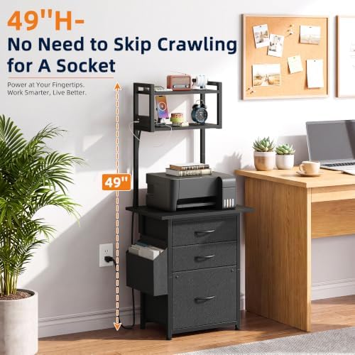 HIGDBFE 3 Drawer File Cabinet with Charging Station, 49''H Tall, 3-Tier Small Filing Cabinet for Home Office, 20''*15'' for Small Printer, Fabric Drawer, Printer Stand, Black - Image 7