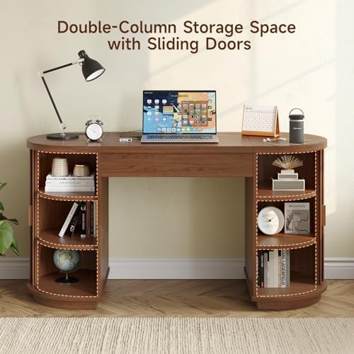 ONBRILL 59 Inches Office Desk with Lift Top, Fluted Executive Desk Walnut - Image 3