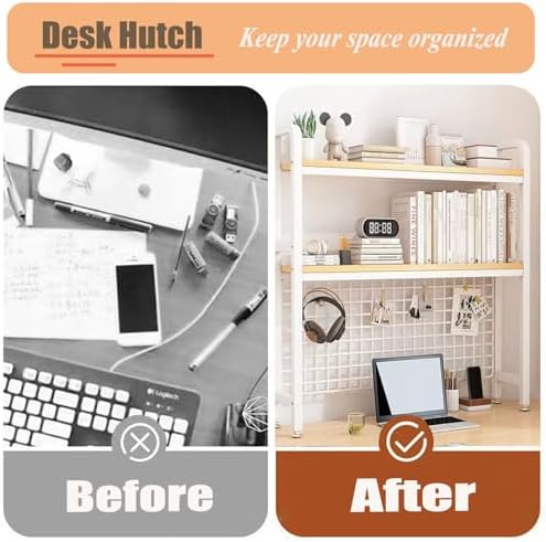 2-Tier Metal Desktop Hutch Bookshelf, 45.3" Desk Shelf with Grid Panel and Adjustable Shelf, Storage Organizer Rack for Office Home Dormitory,White - Image 3