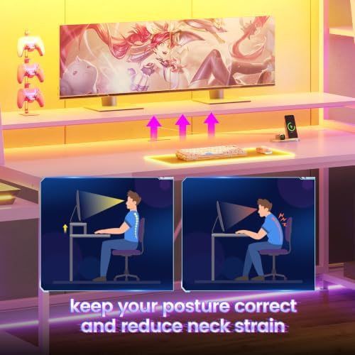 SEDETA 79'' Gaming Desk with LED Lights, Hutch and Storage Shelves, Pink - Image 6