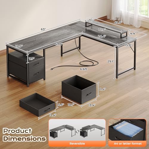 PRAISUN 63 Inch L Shaped Desk with Power Outlets and USB-C Port, Computer Corner Home Office Desk with File Fabric Drawers and Movable Monitor Stand, Larger Storage, Gaming, Writing, Work, Grey - Image 2