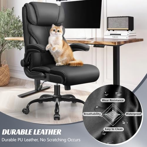 HeroSet Office Chair, Ergonomic Big and Tall Computer Desk Chairs, Executive Breathable Leather Chair with Adjustable Flip-up Armrests, Lumbar Support Swivel PC Chair with Rocking Function,Matte Black - Image 3
