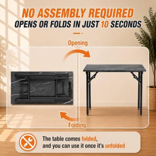 Folding Table Computer Desk - 43.3" No Assembly Folding Desk with Power Outlets & USB Charging Port, Small Desk, Foldable Office Desk, Compact Storage Portable Use for Small Space, Marble Greige - Image 4