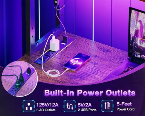 ODK 53" L Shaped Gaming Desk with Shelves, LED & Outlets, Vintage - Image 5
