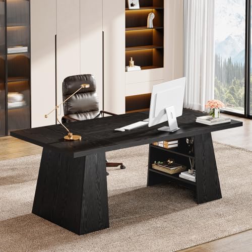 Tribesigns 63-Inch Executive Desk, Modern Black Office Desk with Double Pedestal and Storage Shelves, Simple Large Computer Writing Conference Table Workstations Business Furniture for Home Office by Tribesigns