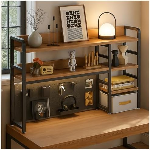 Desktop Bookshelf, pegboard Storage and Organization Rack, Dorm Desk Shelf, Desk Hutch, Desktop Storage for Office, Study, Student Display Rack,Desktop Shelves (Black+Walnut 53.1" Lx9.9 Wx37 H) by Unknown