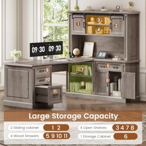 SEDETA 67" Farmhouse Executive L Shaped Desk with Hutch & Storage - Image 3