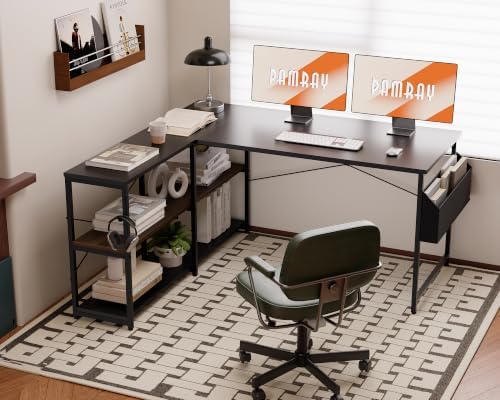 Pamray 57.5 Inch L Shaped Computer Desk with Reversible Side Storage Shelves, Small Corner Desk for Small Space Home Office,Writing Study Table PC Desk for Bedroom,Black - Image 2