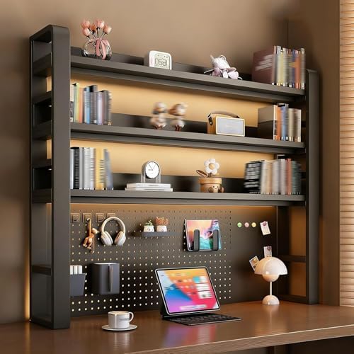 2/3/4 Tier Desktop Bookshelf with Pegboard and Storage Parts, Metal Desktop Organizer Hutch, Desk Shelves for Top of Desk, Shelf Organizer Display Rack for Dorm Home(Black,4-Tier L53.1in) by Unknown