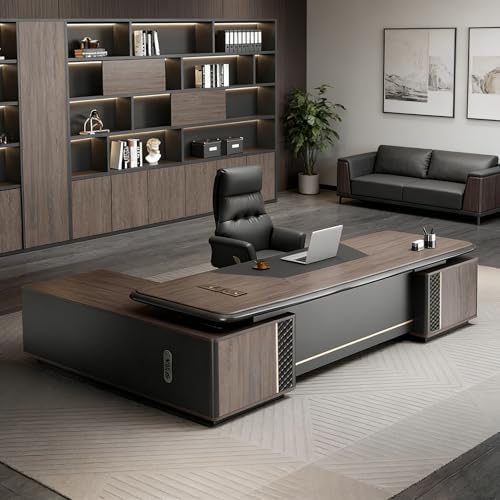 Modern L Shaped Executive Desk with Drawers & Storage, Executive Office Desk Computer Table with Aluminum Alloy Inlaid Curved Surface, Management Workstation for Home or Office(G-Right, L2.4M/94IN) by Unknown